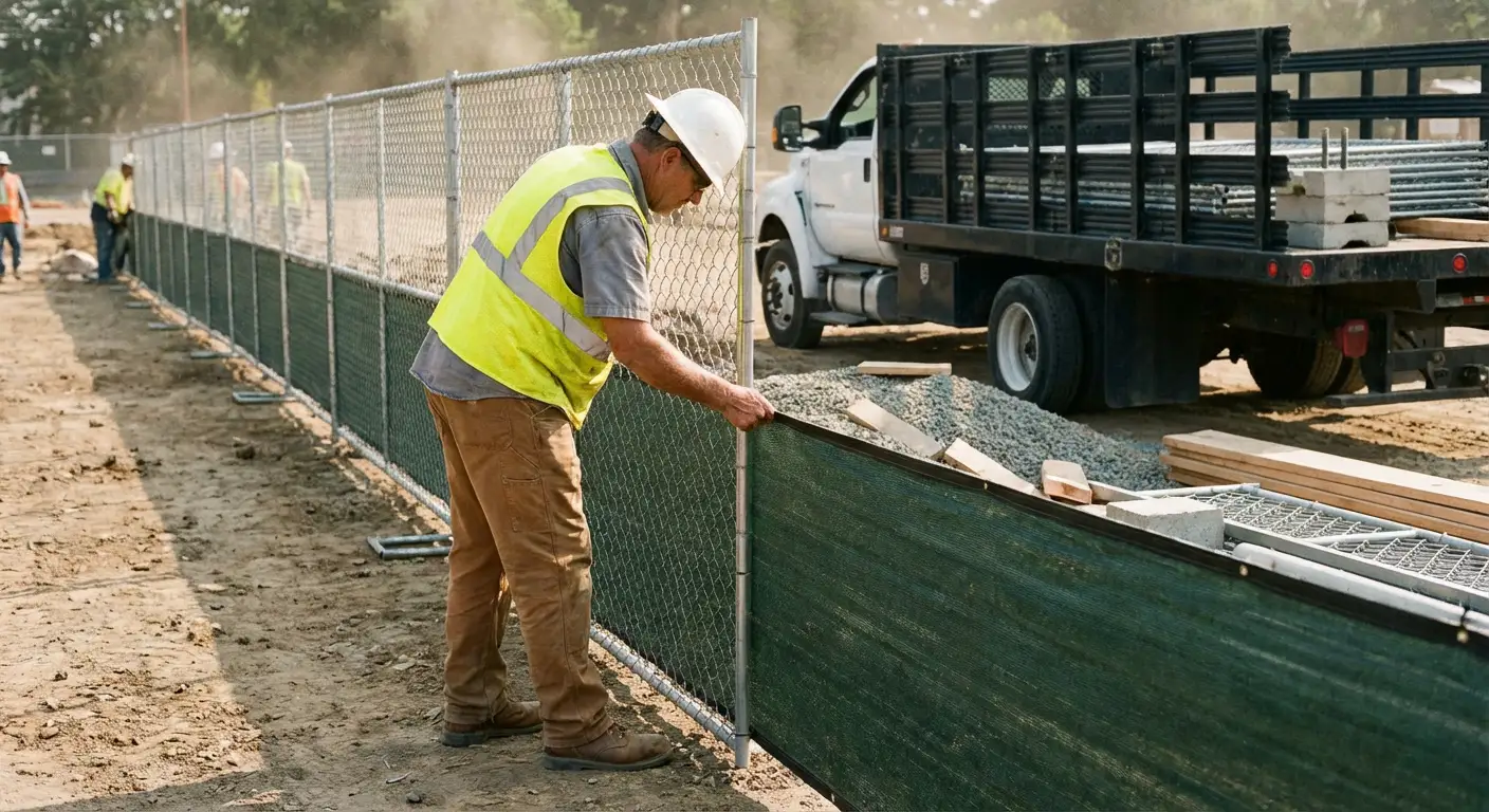 Privacy windscreen installation on construction fence in Lynwood, CA
