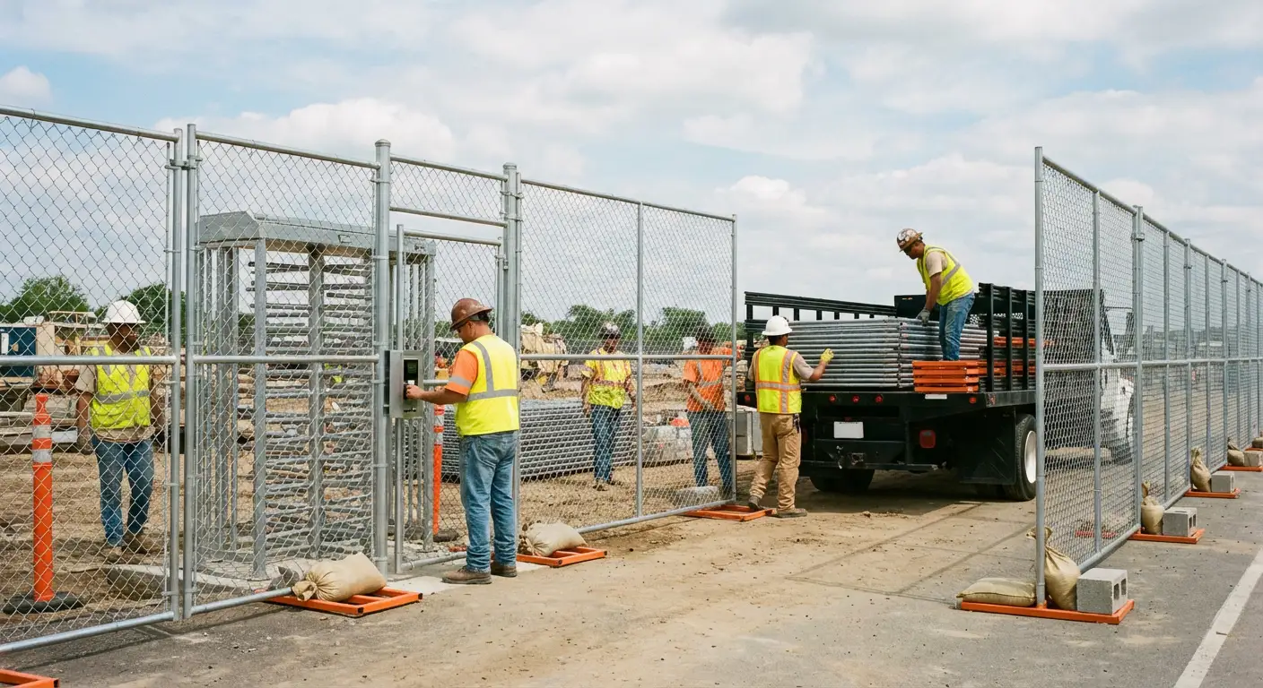 Secure construction site with temporary fencing in Lynwood, CA